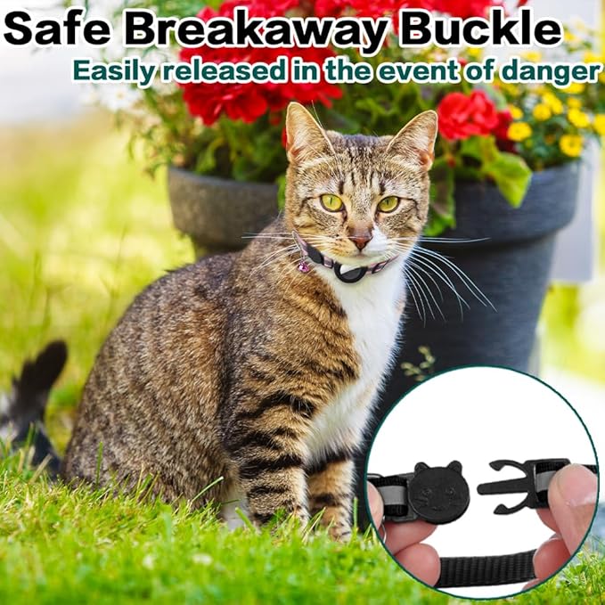 Airtag Cat Collar Breakaway, Reflective Kitten Collar with Apple Air Tag Holder and Bell for Girl Boy Cats, 0.4 Inches in Width and Lightweight(Black)