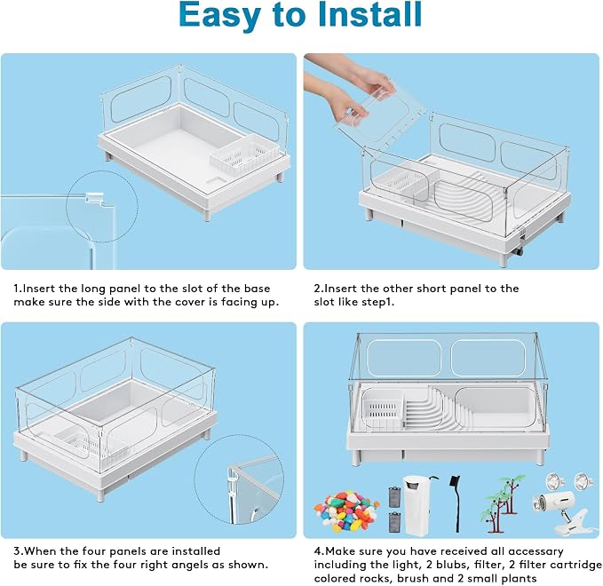 Small Turtle Tank Kit with Light and Filter for Baby Turtles | White Clear-Panel Habitat, with Basking Platform, Easy-Clean Starter Aquarium with Bottom Drain