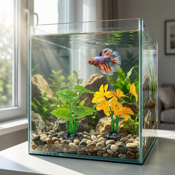 Aquarium Decor Plants, 6 inch Betta Leaf Hammock, Fish Tank Decorations Artificial Plastic Plants for Reptile, Fish Tank Accessories 2 Pack