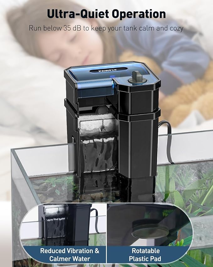 Pawfly 3 W Aquarium Filter, 15 Gallon Fish Tank Filter, 60 GPH Hang on Back Aquarium Filter with Adjustable Water Flow, Sponge, Bio Balls & Extendable Intake Tube, Ultra Quiet HOB Filter