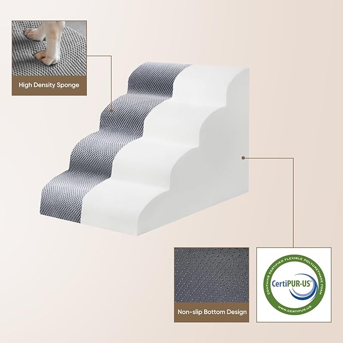 PAWSCRAT Pet Stairs for Dogs 3-Step, 15.7" H Pet Stairs for High Bed, Couch Sofa & Chair, 30D Material Soft Foam Dog Steps with Non-Slip Bottom Surface Removable Washable Cover, LightGrey