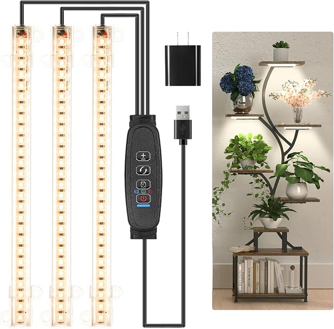 8.6'' LED Grow Light Strips, Full Spectrum 3500K Grow Lights for Indoor Plants, 3 Head with 3/9/12H Timer, 10 Dimmable Levels, Suitable for Seedling, Succulent, Plant Shelf and Greenhouse, 1-Pack