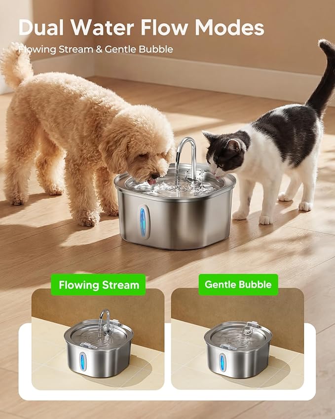 PEKTACO Stainless Steel Cat Water Fountain, 3.2L/108oz Cat Water Dispenser with Quiet Water Pump and Water-Level Window, Dishwasher Safe Pet Drinking Fountain for Cats with 6 Filters + 6 Sponges