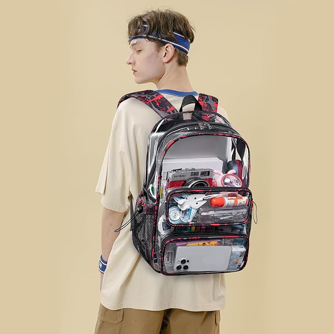 CAMTOP Clear Backpack Heavy Duty Transparent Bag See Through BookBag for Student School Work Festival Sport Travel (Graffiti Red)