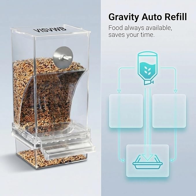 Clear Acrylic Bird Feeder, No Mess Automatic Cage Dispenser for Small Medium Birds, Gravity Food Container Seed Bowl for Parakeet Cockatiel Canary Lovebird Parrot Finches