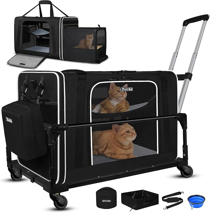 Petskd Side Expandable Extra Large Cat Carrier with Wheels and Litter Box, 24"x17"x17" Soft-Sided Pet Carrier for 2 Cats Under 55 lbs with Zipper Locks for Car Travel (Black)