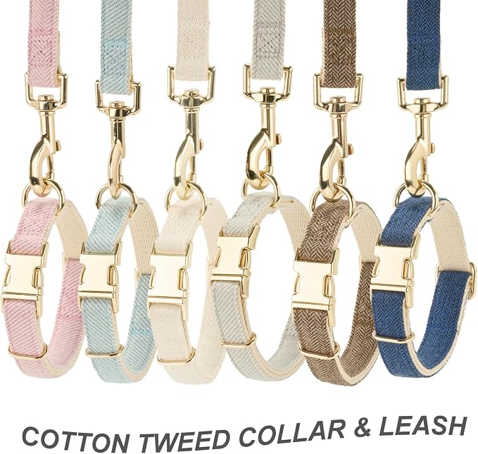 Luxury Soft Cotton Tweed Fabric Dog Collar & Leash Set with Gold Buckle – Durable Fabric, Stylish Design for Everyday Walks(Medium Coffee)