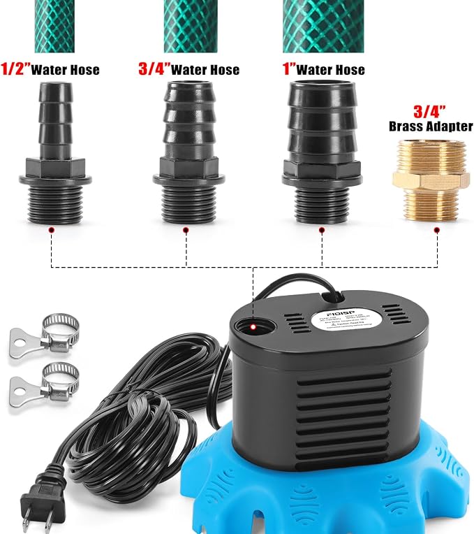 FIDISP Pool Cover Pump, 850 GPH Pool Water Pump with 23 FT Drain Hose | 4 Adapters, 25 FT Power Cord, Water Pump for Pool Draining for Drainage of Pool Covers, Ponds (Deep Blue)