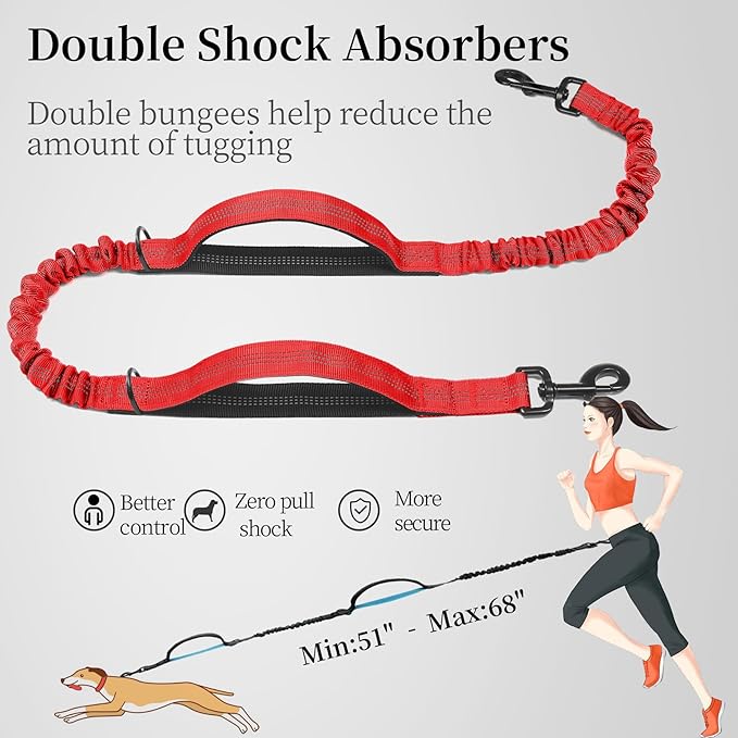 iYoShop Hands Free Dog Leash with Zipper Pouch, Dual Padded Handles and Durable Bungee for Walking, Jogging and Running Your Dog (Large, 25-120 lbs, Red)