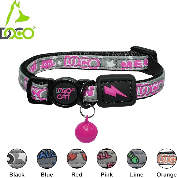 DOCO Cat Collar Breakaway Safety Buckle with Bell | Reflective Black Adjustable Nylon Collar for Kittens & Adult Cats | Comfortable & Safe for Girls & Boys | Neck 3/8" x 7.5-12", Up to 13lb