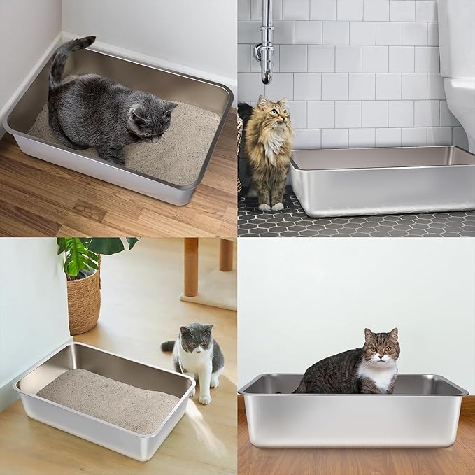 Stainless Steel Litter Box, Large Metal Cat Litter Box for Small to Medium Cats, High Sides, 18"x14"x6"，Non Stick, No Smell, Easy to Clean