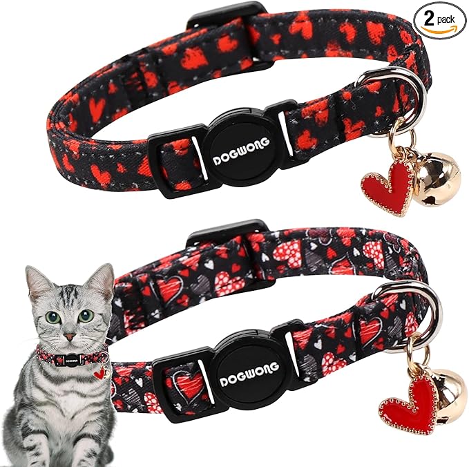 Cat Collar,2 Pack Cat Collars Breakaway with Bell, DOGWONG Safety Buckle Valentine's Day Cat Collar Cute Heart for Girl Boy Cats and Small Dogs，Adjustable 7-12 Inch,Pet Supplies Accessories