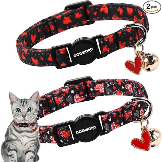 Cat Collar,2 Pack Cat Collars Breakaway with Bell, DOGWONG Safety Buckle Valentine's Day Cat Collar Cute Heart for Girl Boy Cats and Small Dogs，Adjustable 7-12 Inch,Pet Supplies Accessories
