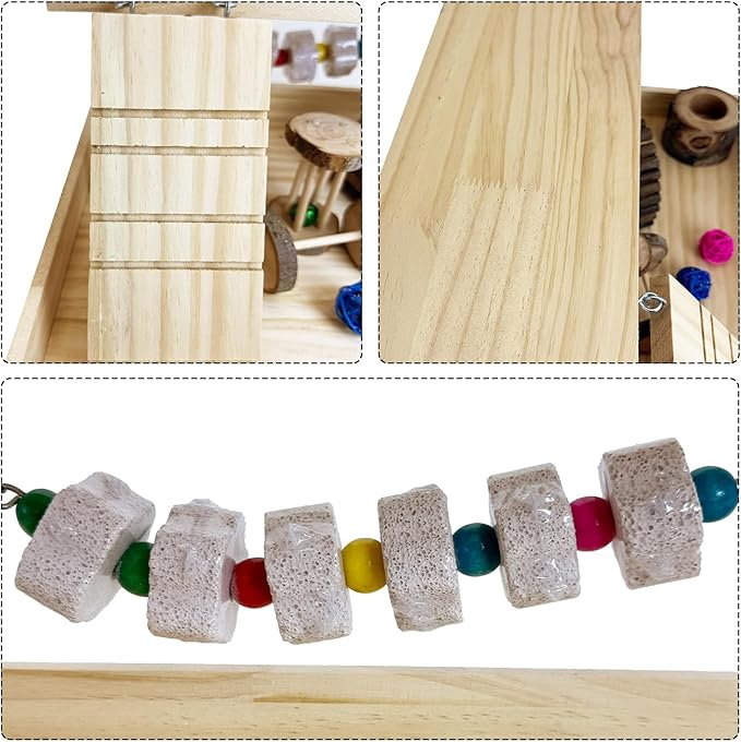 Hamiledyi Dwarf Hamster Activity Playground Mice Living Gym System Set Natural Wood Gerbil Climbing Platform Syrian Exercise Cage Accessories with Lava Stone String Chewing Toy Ladder Bridge Ramp