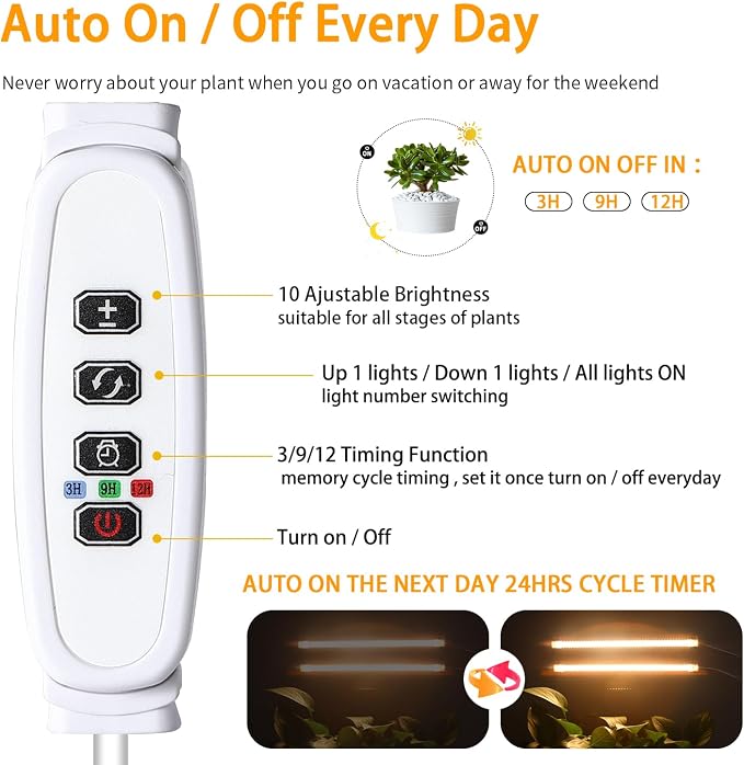 Hywyimlait Two Strip Growing Lamp for Indoor Plants, 3500K Full Spectrum LED Grow Light Strips with Auto ON/Off 3/9/12H Timer & 10 Dimmable Levels for Green House Succulent (2 Headx2 Pack)