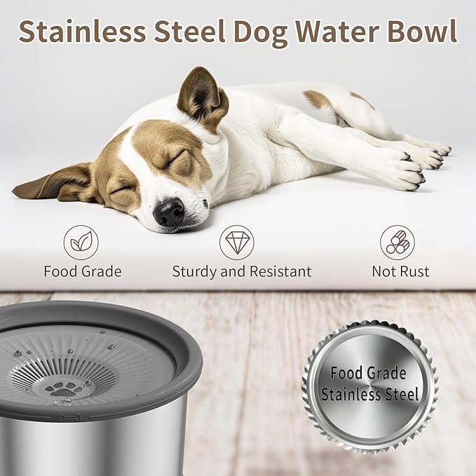 6.5L Dog Water Bowl No Spill 1.6 Gallon Stainless Steel Water Bowl for Dogs 220oz Large Capacity No Splash Slow Drinking Feeder with Anti-Slip Mat for Messy Drinkers 6.5L+2 Filters