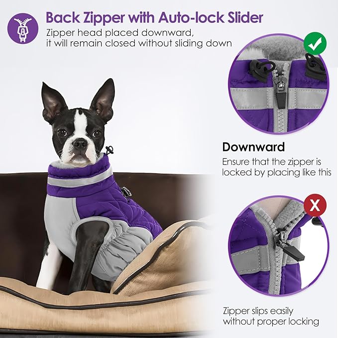 AOFITEE Dog Coat, Warm Dog Jacket, Reflective Winter Coats for Medium Dogs, Turtleneck Dogs Winter Jacket with Harness Built in, Waterproof Windproof Pet Fleece Vest Puffer Jacket, Purple M