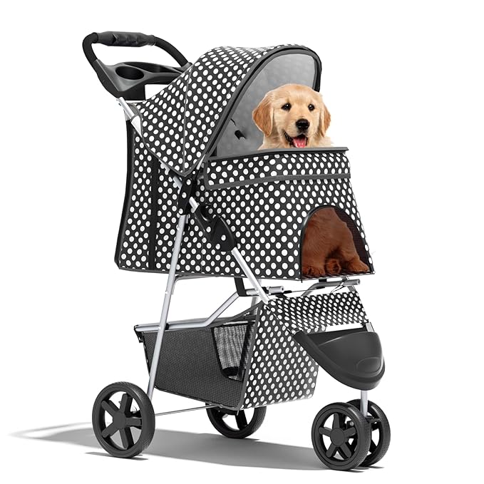 Pet Stroller for Small Dogs 10 lbs, Dog Stroller for Medium Dogs 30 lbs, Cat Strollers for 2 Cats, 3 Wheels Foldable Jogger Puppy Stroller with Storage Basket and Cup Holder, Black Polka Dots