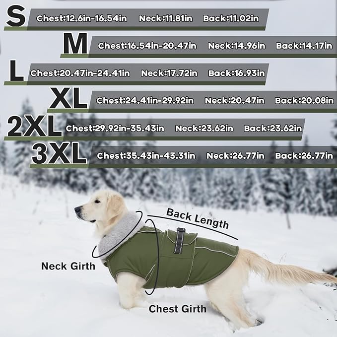 Lelepet Warm Dog Coat Reflective Fleece Vest Waterproof Dog Jacket with Adjustable Buckle Hook & Loop Windproof Cold Weather Coats for Small Medium Large Dogs, Army Green, XL