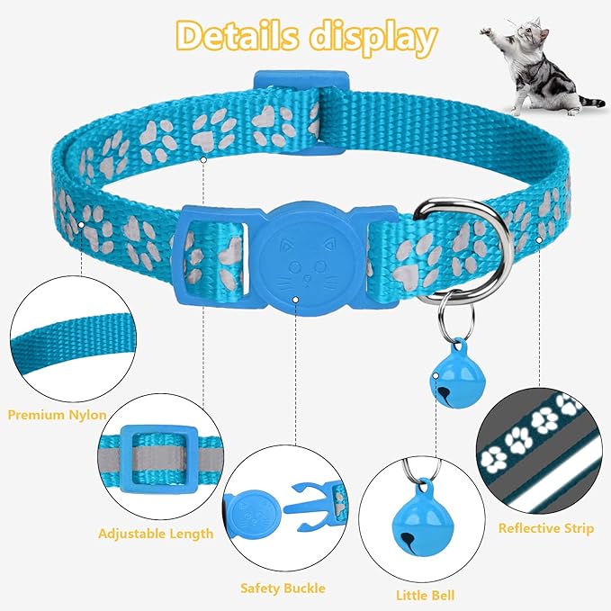 Taglory Kitten Collar Breakaway with Bell, Reflective Soft Cat Collar for Small Kittens, Adjustable 6-8 Inch High Visibility Night Strip, Lightweight for 2-6 Months Baby Cats, 2 Pack, SkyBlue