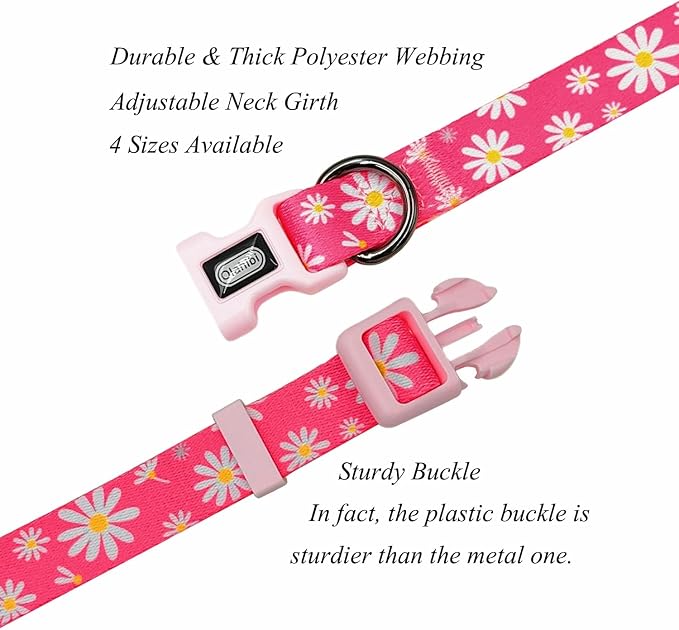 Dog Collar Leash Set, Floral Pattern, Polyester Material, Adjustable Collar and 5ft Matching Leash, for Small Dogs.(S, Pink Daisy)
