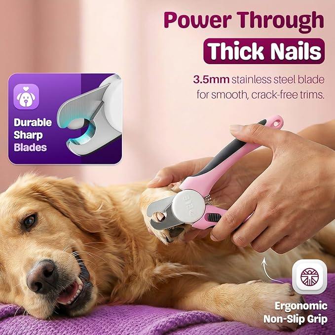 Flexzion Pet Nail Clippers for Dogs & Cats - Stainless Steel Blade Cat Nail Trimmer with Stored Nail File, Safety Guard, Easy Grip Handle - Dog Nail Clippers for Large Dogs, Medium Small Breeds, Pink