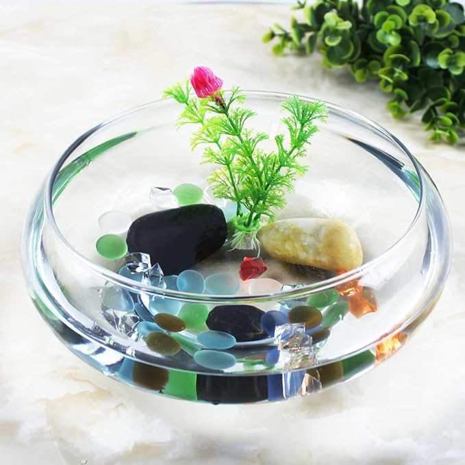 POPETPOP Transparent Aquarium Tank 9.52 Inch Desktop Betta Tank Plastic Fish Bowl for Home Office Decor with Plants and Small Aquatic Pets