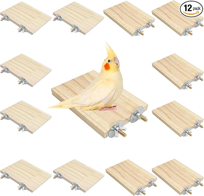 kathson 12 Pcs Wooden Bird Cage Platform Flat Birds Perch Stand Rectangle Parrot Perch with Washers for Bird Paw Grinding Cockatiel Cage Accessories for Parrot, Budgies, Conure, Lovebirds