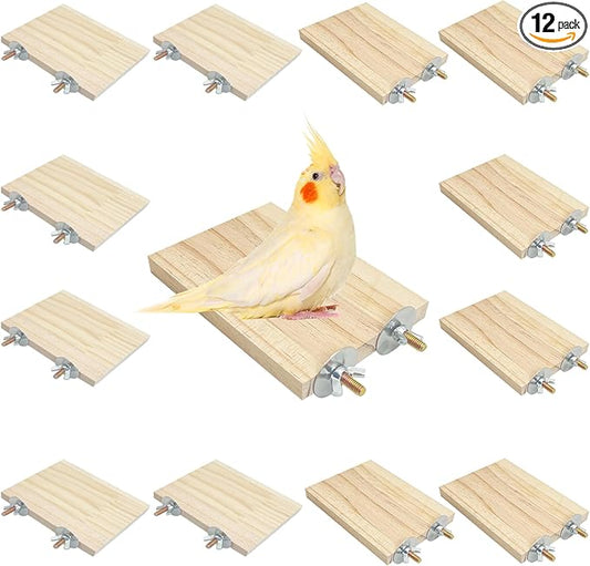 kathson 12 Pcs Wooden Bird Cage Platform Flat Birds Perch Stand Rectangle Parrot Perch with Washers for Bird Paw Grinding Cockatiel Cage Accessories for Parrot, Budgies, Conure, Lovebirds