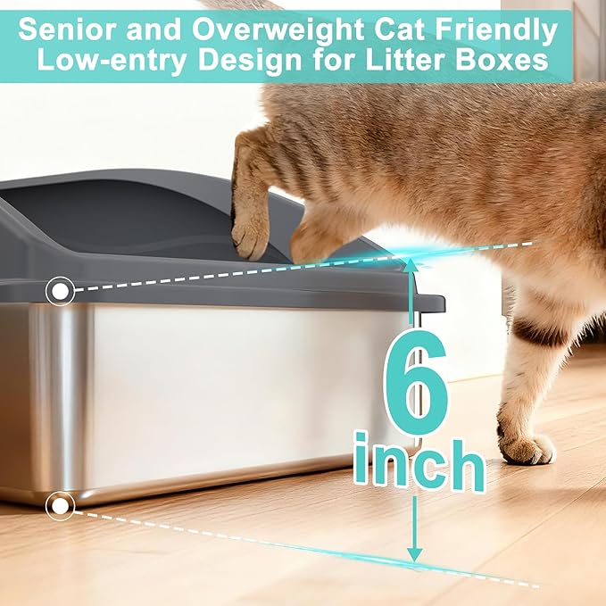 AIPERRO Stainless Steel Litter Box | XL Enclosed Cat Litter Boxs with Lid for Big Cats | High Sided, Anti-Urine Leakage | Non-Stick Bottom & Includes Scoop
