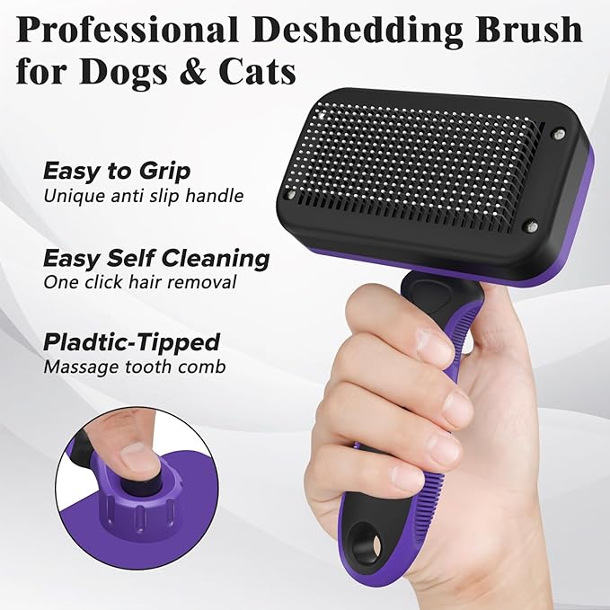 2PCS Self Cleaning Slicker Brush & Dog Comb - Skin Friendly Deshedding Grooming Tool for Dogs, Cats and Small Animals, Professional Deshedding Dematting Tool for Long and Short Haired Pets (Purple)