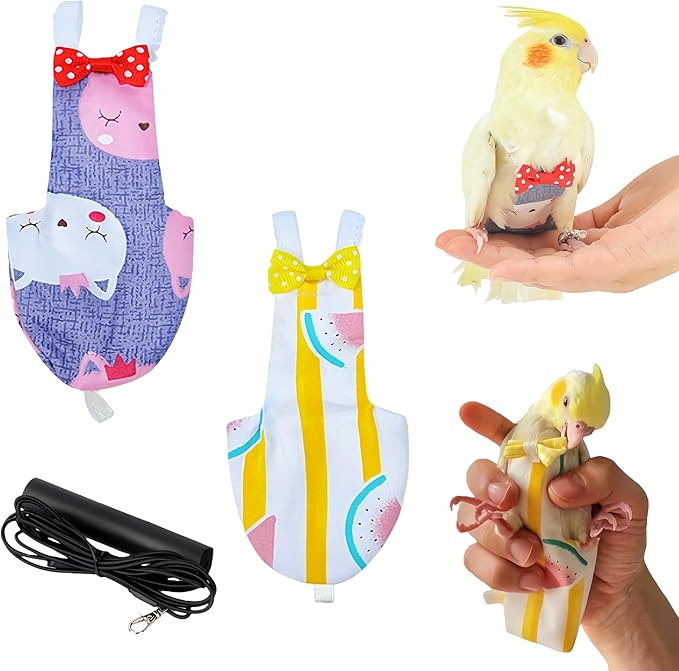 2Pcs Bird Diapers Bird Harness Flight Suits Diapers with 80 Inch Flying Leash Parrot Nappy Washable Cute Urine Wet Suit for Cockatiel Conure Macaw Budgies Parakeet-Kitten&Watermelon,M