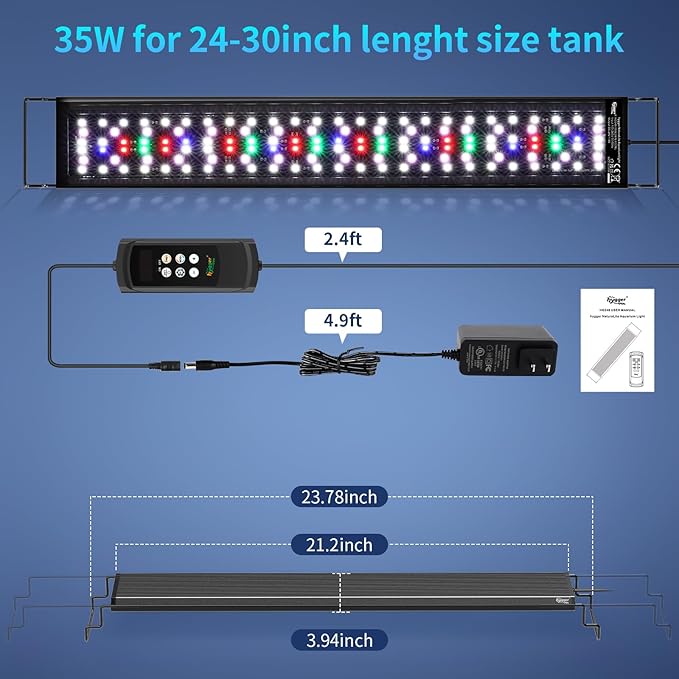 hygger Aquarium Light, 35W Full Spectrum Fish Tank LED Light, 24/7 Remote Control Adjustable Timer, Brightness and Color, Extendable Bracket, Power-Off Memory Plant Growth Lamp, Fits 24-30 Inch Tank