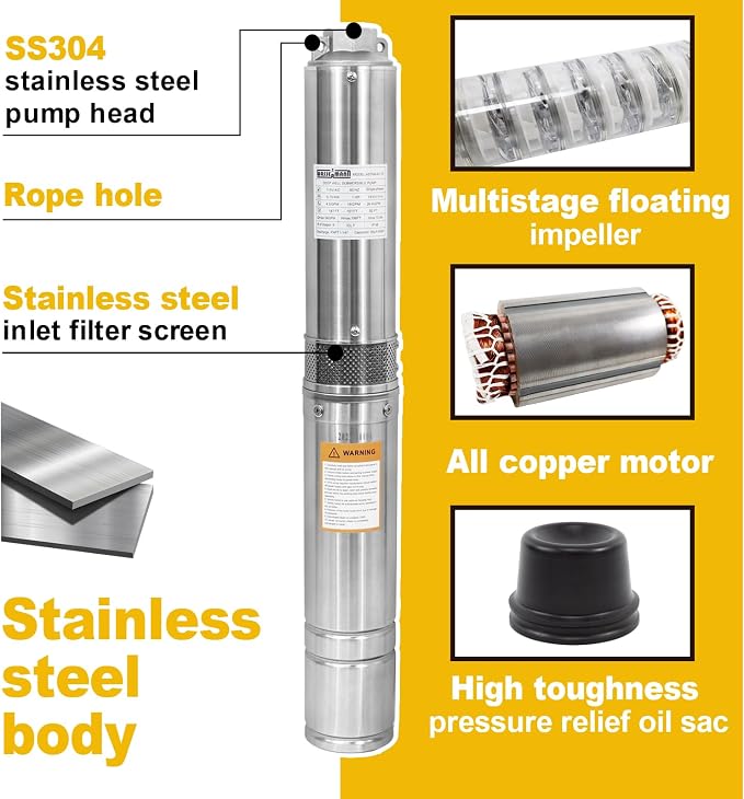 4" Deep Well Submersible Pump with 10FT Cable,1HP,115V/60HZ,34GPM,196FT Head,Stainless Steel Single-Phase Water Well Pump for Cities Farmland Irrigation and Home Use