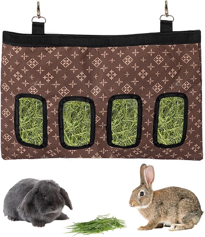 Rabbit Hay Feeder Bag, Large Capacity Rabbit Hay Bag Small Animal Hanging Hay Bag 600D Oxford Cloth Bunny Hay Feeder Bag for Rabbits Guinea Pigs Chinchillas (Brown-4 Holes-1Pcs)