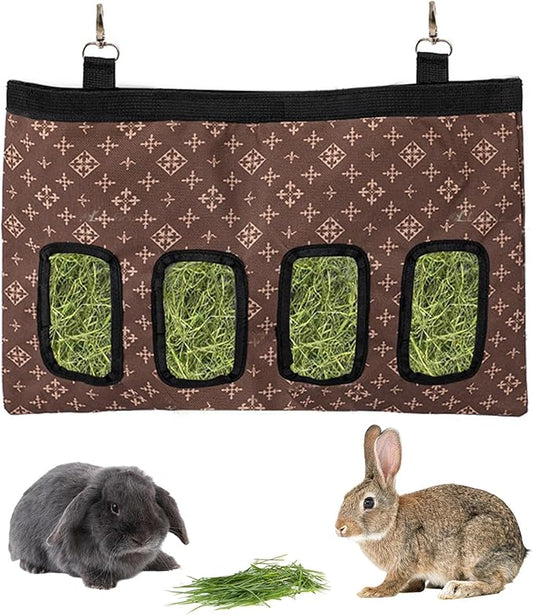 Rabbit Hay Feeder Bag, Large Capacity Rabbit Hay Bag Small Animal Hanging Hay Bag 600D Oxford Cloth Bunny Hay Feeder Bag for Rabbits Guinea Pigs Chinchillas (Brown-4 Holes-1Pcs)