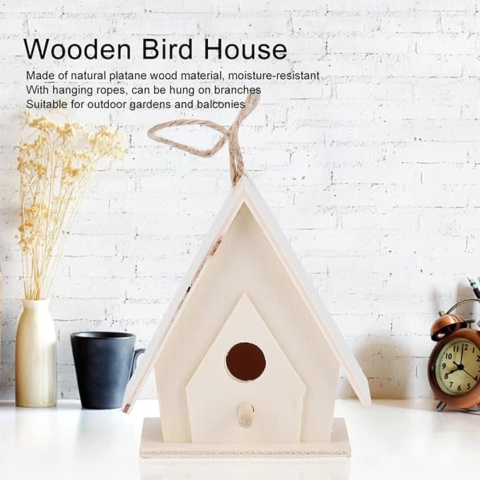 4Pcs Unfinished Wooden Bird House, Hanging Birdhouse for Outside Wood Bird Nests Box with Pole Creative Unpainted DIY Crafts Bird Houses for Garden Courtyard Decor
