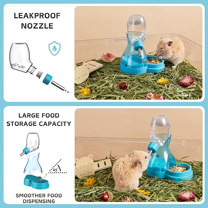 2 in 1 Hamster Water Bottle No Drip with Large Capacity Automatic Food Dispenser Small Animal Feeder for Syrian Dwarf Hamster Mouse Rat Degu (Blue, 3oz)