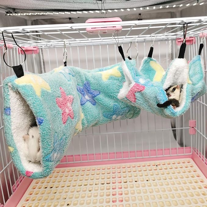 LEFTSTARER Guinea Pig Accessories Sugar Glider Cage Accessories Hamster Rat Toys Ferret Hammock Hanging Tunnel for Small Animals （Green-Star）