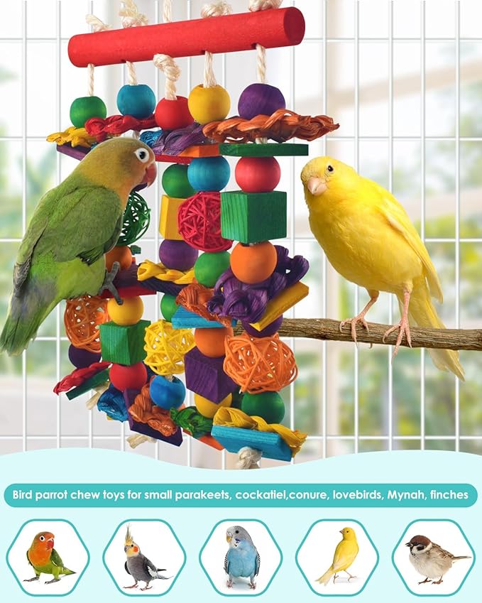 DBNESS Bird Toys, Parakeet Chewing Toy, Multicolored Natural Wooden Blocks Birds Parrot Tearing Toys mit Rattan Wicker Balls, for Medium Small Macaw Cockatoos Budgie Lovebird Cockatiel Conures