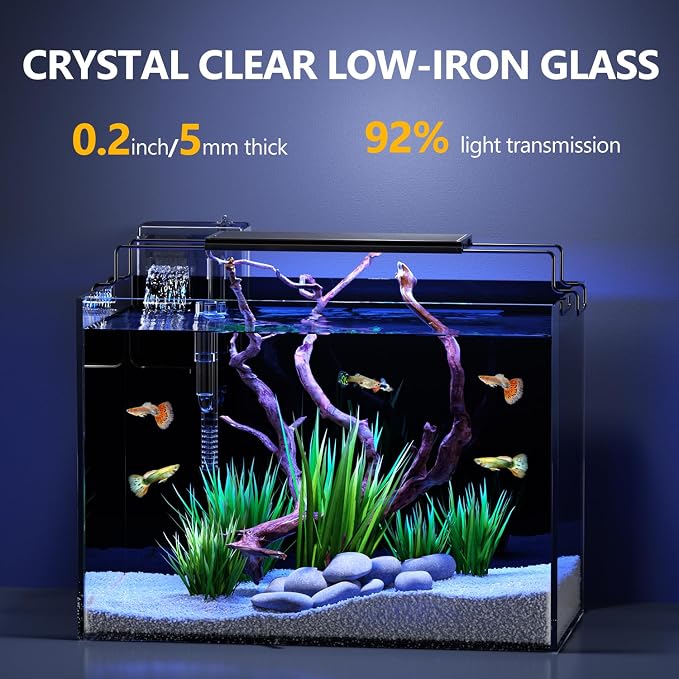 5 Gallon Fish Tank Kit with Filter Light with Timer, Lid Rimless Glass | Black Background, Low-iron Glass, 5 Brightness, Adjustable Water Flow, Self-cleaning, for Betta Shrimp Guppy Snails