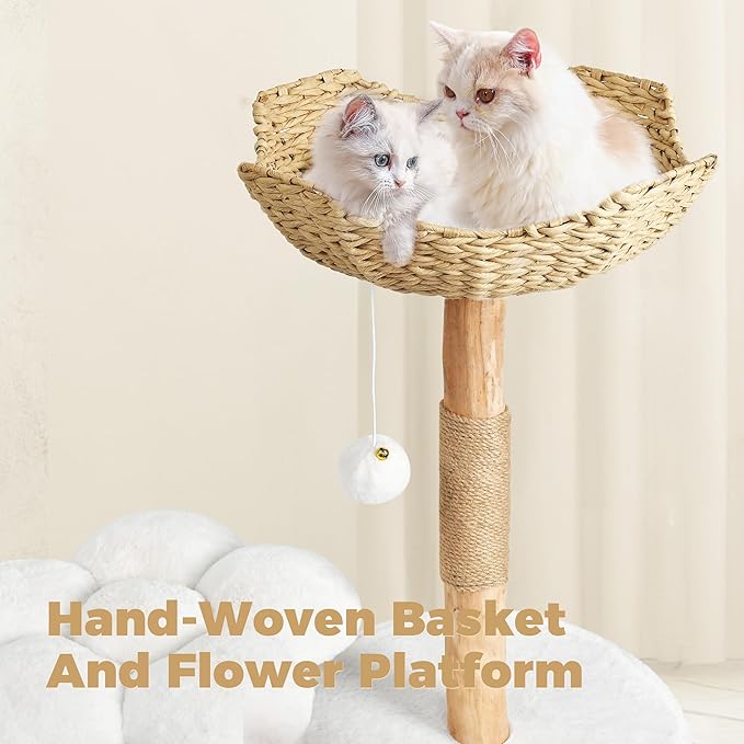 Easyego Modern Cat Tree, 36.6" Aesthetic Wood Cat Tree Tower for Large Cats, Luxury Cat Condo with Scratching Posts and Flower Platforms, Cat Furniture, White