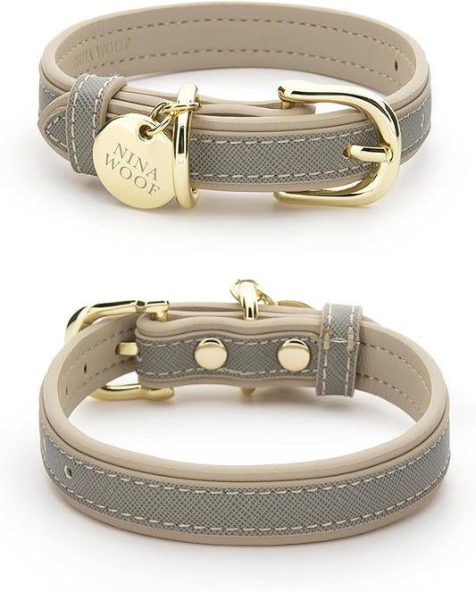 Nina Woof London Vegan Leather Dog Collar - Luxury Cute Dog Collar Adjustable Buckle Collar for Dogs, Dog Collar for Small Dogs to Dog Collar for Large Dogs - Padded Grey Over Beige, Medium