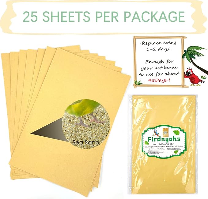 Firdnyohs 25PCS Gravel Paper for Bird Cage,11" x17" Bird cage Liner Gravel Paper Special for Bird Cage in sea Sand-Great for Hard-Billed Birds Safe& Clean & Easy for Improved Digestion…