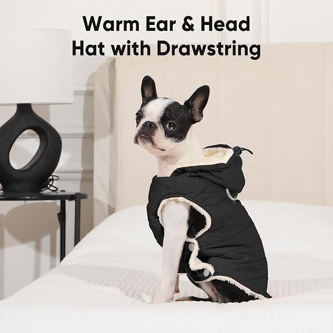 Vecomfy Fleece Lining Dog Hoodie with Harness Built in,Extra Warm Small Dog Jacket in Winter Puppy Coats with Drawstring Hooded,Black XS