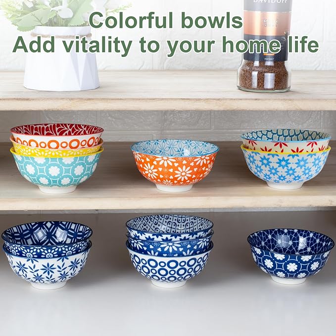 AntoKueh Set of 6 10oz Colorful Ceramic Bowls – 4.7-inch Small Bowls Perfect for Snack, Dessert, Sauce, or Dipping. Microwave & Oven Safe Porcelain