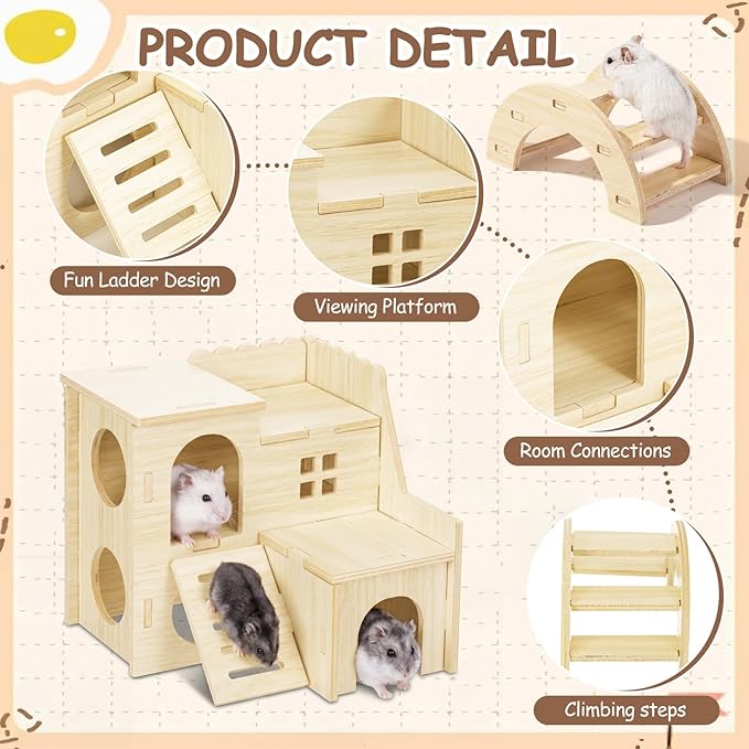 BreezeHug 4 Pcs Hamster Platform Hideout Wooden Tunnel Ladder Playhouse Hamster Game Climbing Toy with Platform Cage Accessories for Pets Dwarf Syrian Mice Degus Gerbils Squirrel(Villa)