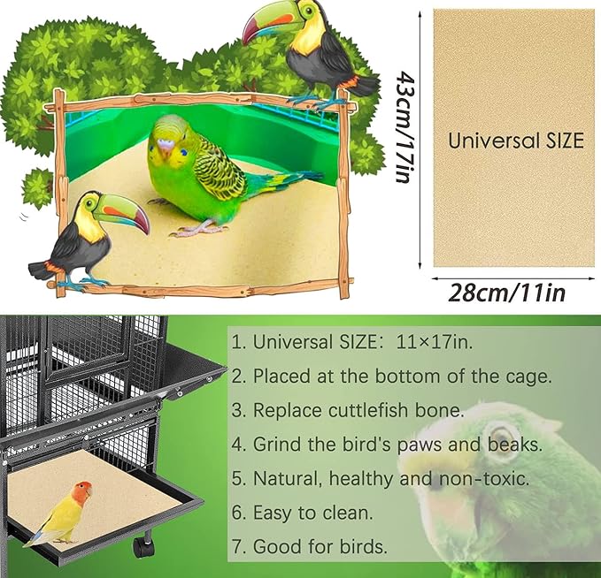 Firdnyohs 20PCS Gravel Paper for Bird Cage,11x17 Inch Bird cage Liner Gravel Paper Special for Bird Cage in sea Sand-Great for Hard-Billed Birds Safe& Clean & Easy for Improved Digestion…