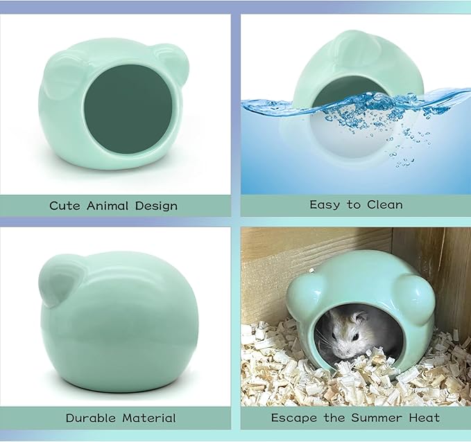 Ceramic Hamster House, Cute Animal Shaped Hamster Cave, Summer Cool Small Animal Hideout Habitat Decor for Dwarf Hamsters (Green)