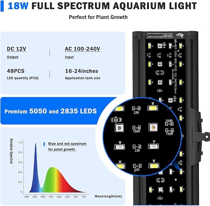 AQQA LED Aquarium Light, 24/7 Mode Clip on Fish Tank Light with Memory Function, DIY Mode Full Spectrum Aquarium Plant Light, Adjustable Timer/Brightness, IP68 Waterproof for 16-24 Inch Fish Tank 18W